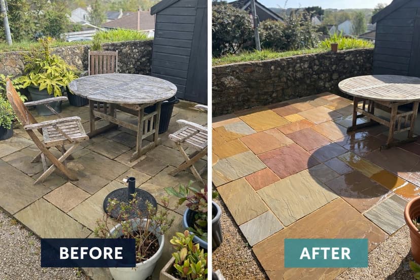 Before and after — a tired sandstone patio brought right back, colour restored.