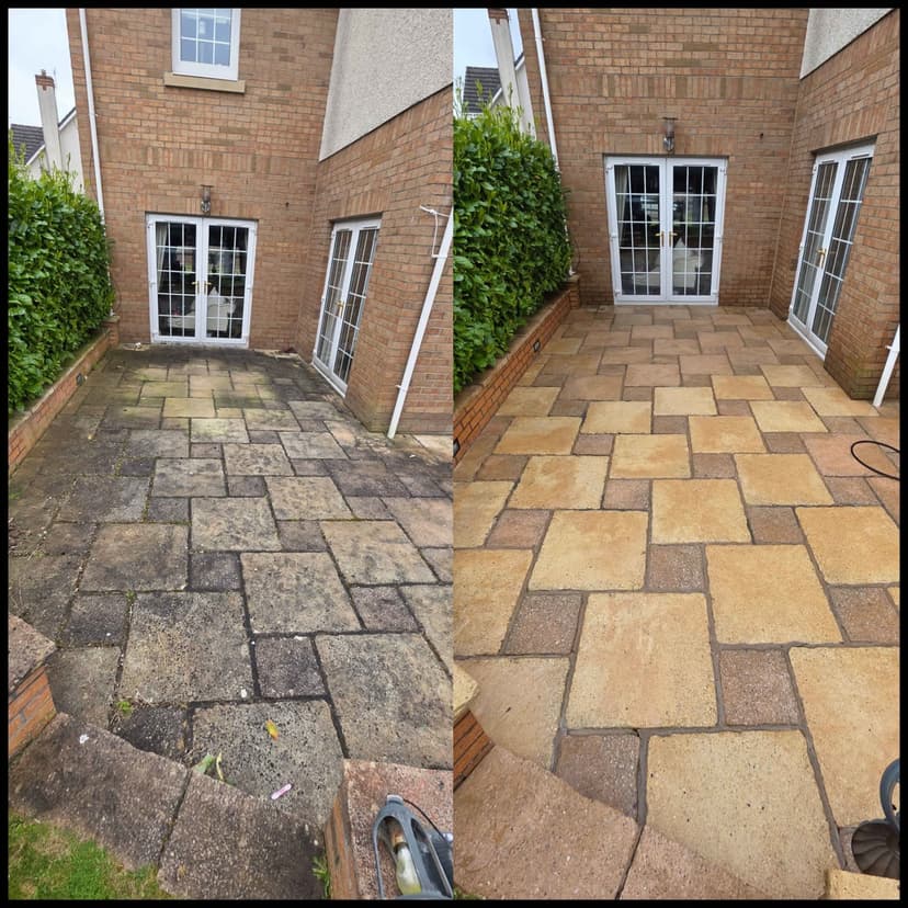 Before and after — a mossed-over courtyard returned to clean buff slabs.