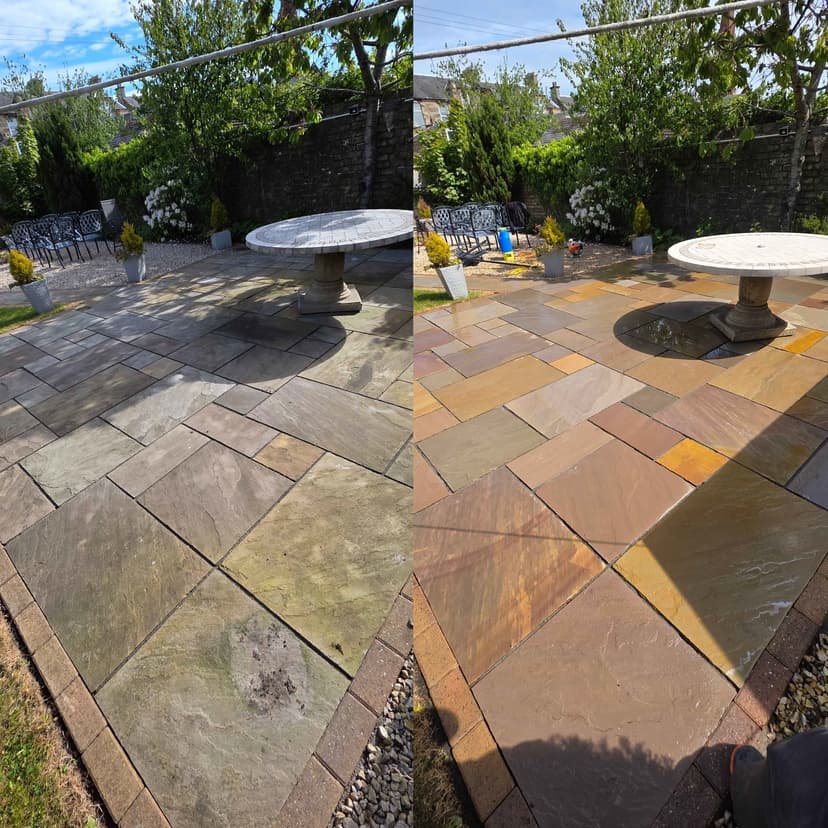 Before and after — green growth stripped off and the stone's colour back.