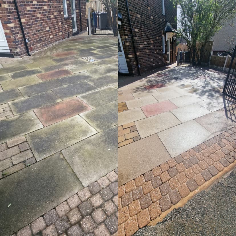 Before and after — a mixed slab-and-block driveway, moss gone and colour restored.