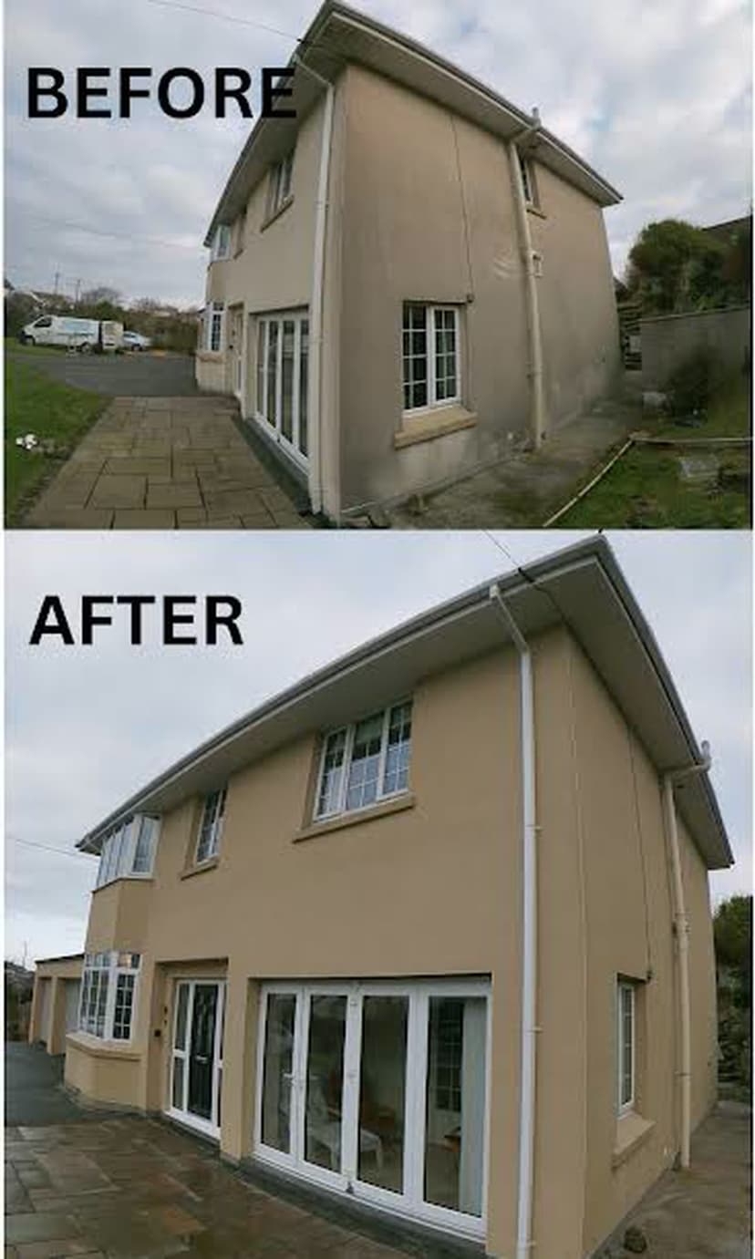 Before and after — atmospheric staining and algae lifted off the render, original colour back.