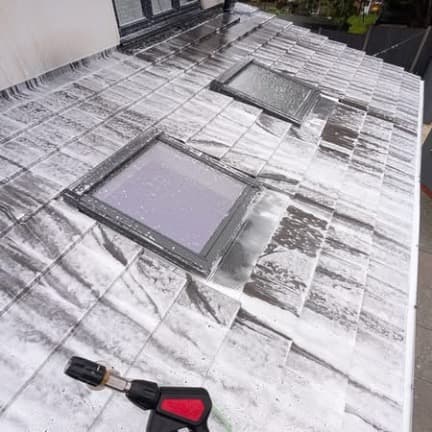 Soft-wash treatment dwelling on the tiles — this is what kills moss at the root, no pressure needed.