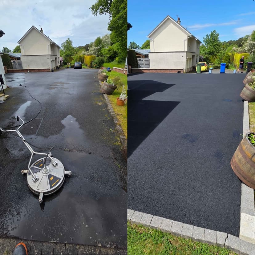 Tarmac drive restored to a deep, even black — before and after. The surface cleaner does the prep, the restorer brings back the colour.
