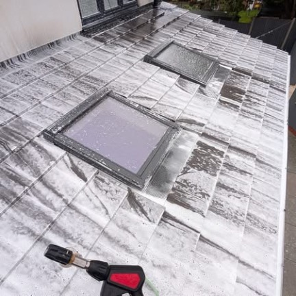 Soft-wash treatment dwelling on the tiles — this is what kills moss at the root, no pressure needed.